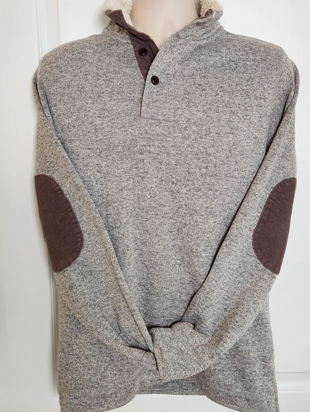 Weatherproof Vintage Mens Medium Pullover 1/4 Button Mock Neck Elbow Patches